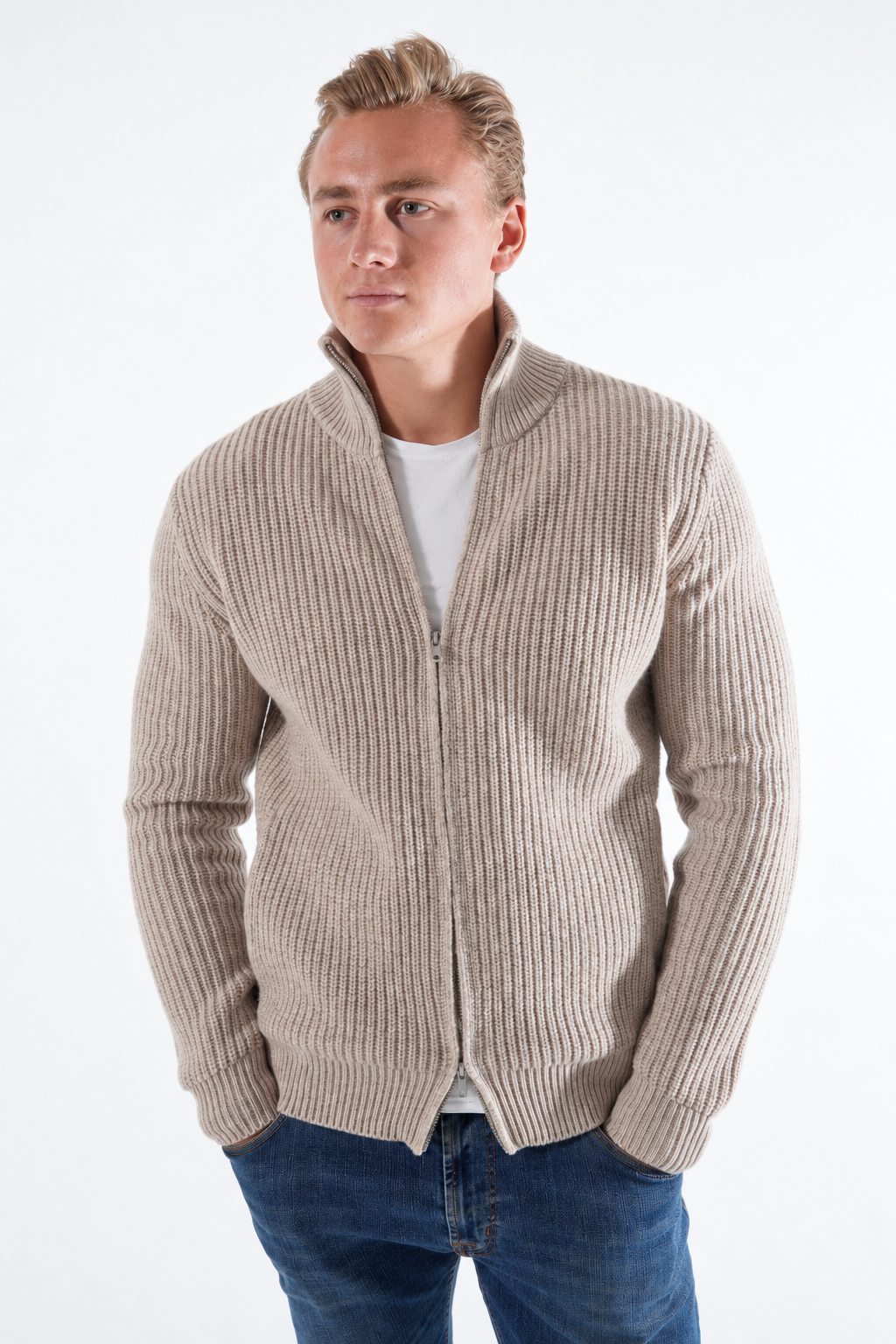 strikket zip beige